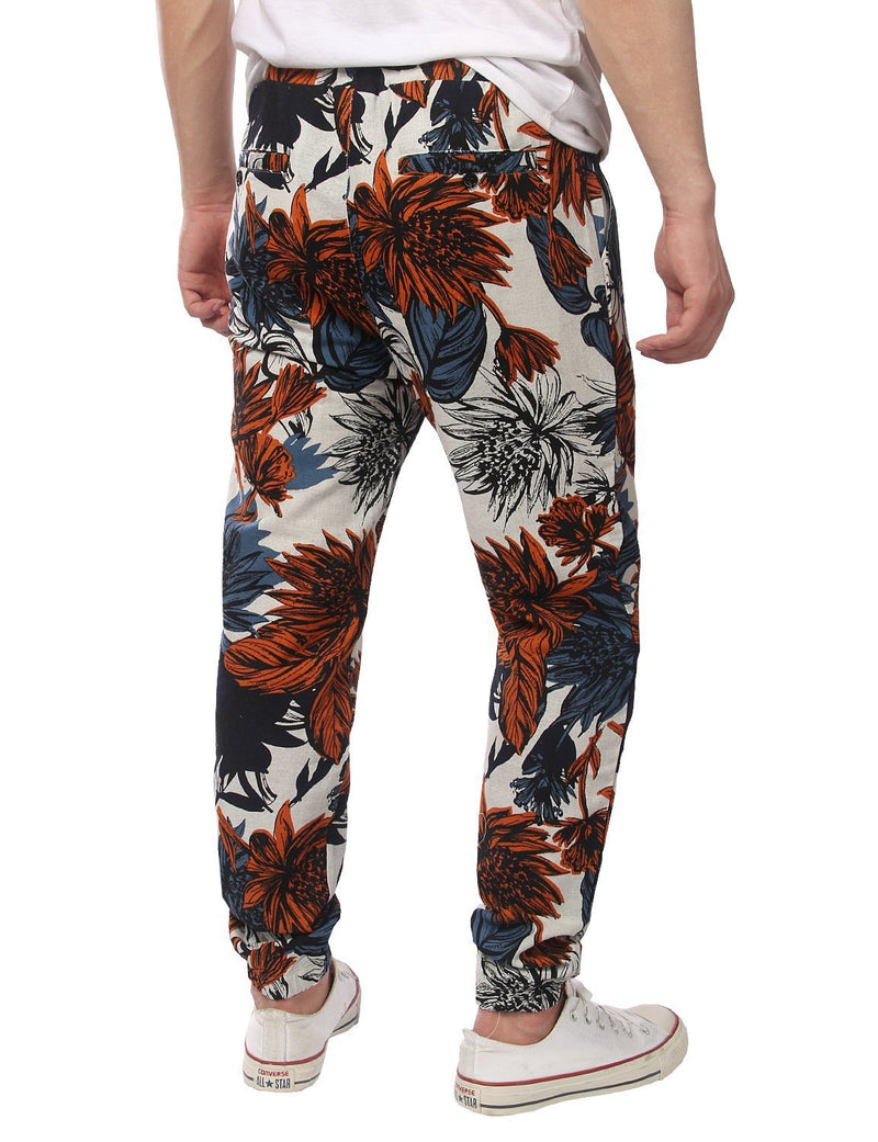 Men's Cotton Pants Flower Printed Drawstring Trousers(Red)