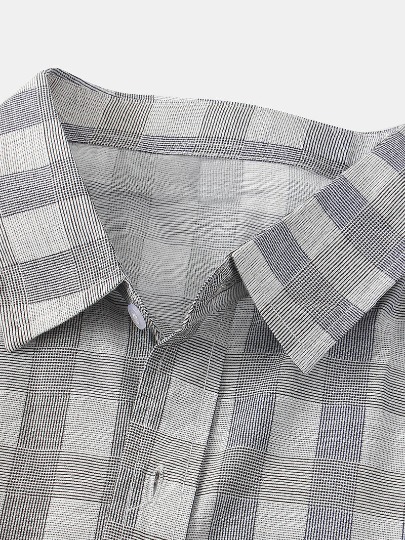 Men's Grey Plaid Casual Button Up Short Sleeve Shirt