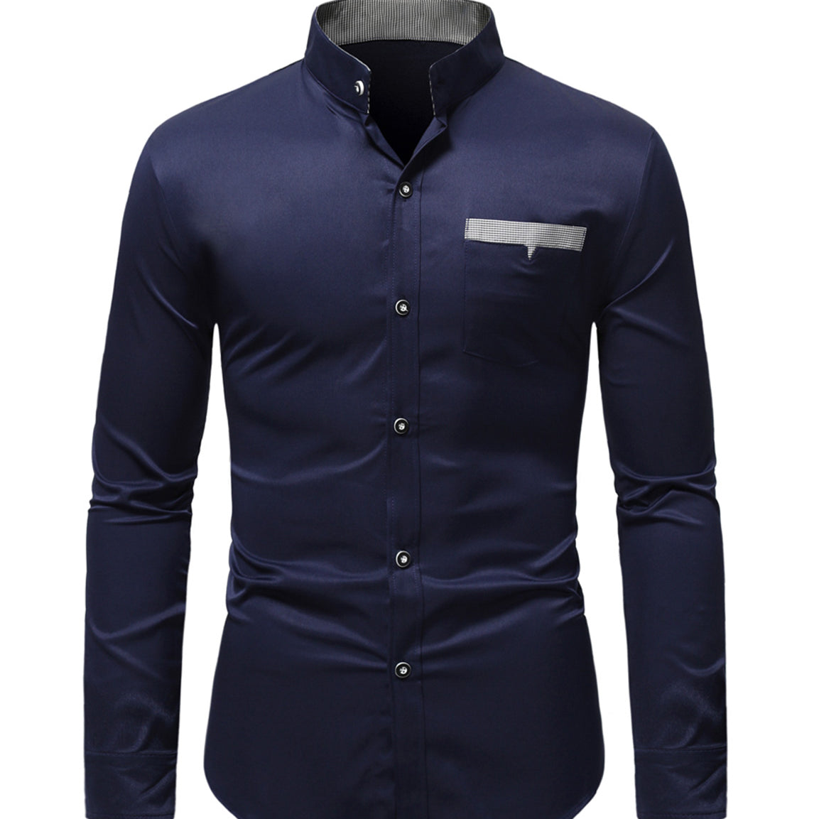 Men's Stand Collar Solid Pocket Button Up Long Sleeve Shirt