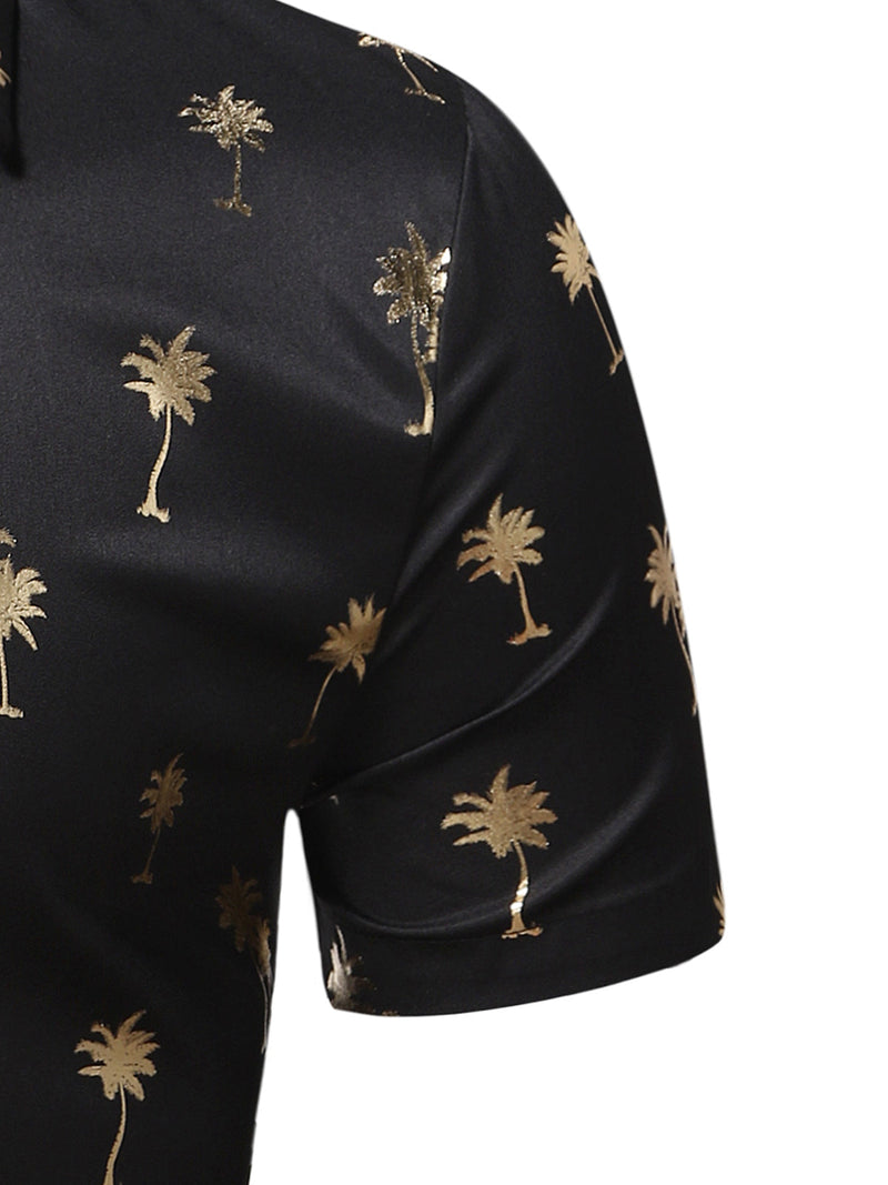 Men's Casual Golden Palm Tree Print Button Up Short Sleeve Hawaiian Shirt