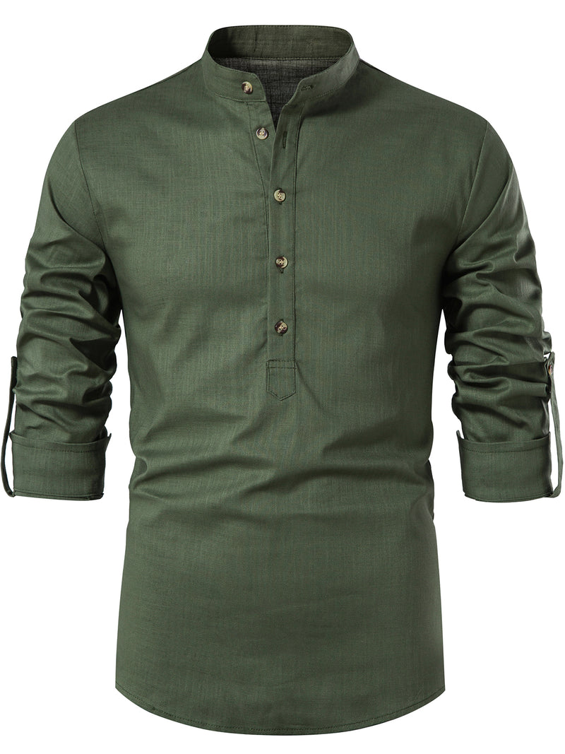 Men's Solid Color Long Sleeve Henley Collar Button Casual Shirt