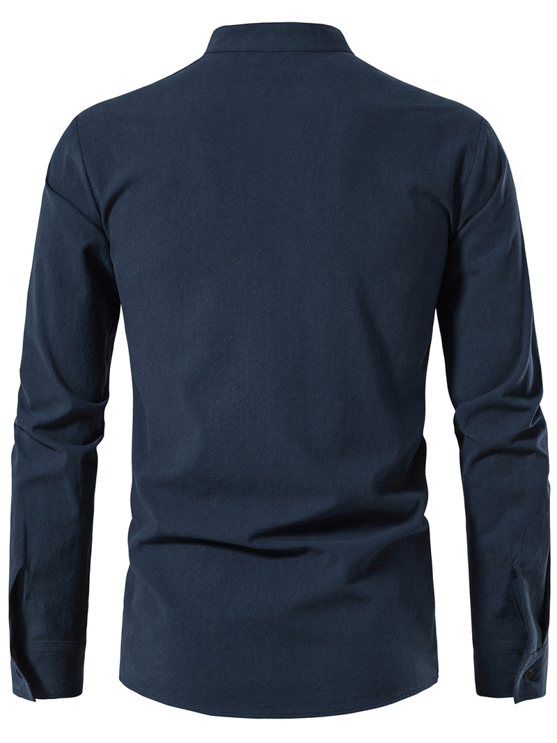 Men's Retro Solid Color Drawstring Breathable Cotton Long Sleeve Shirt
