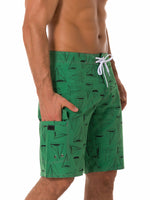 Men's Green Casual Sailboat Flat Waist Hawaiian Shorts Summer Beach Boardshorts