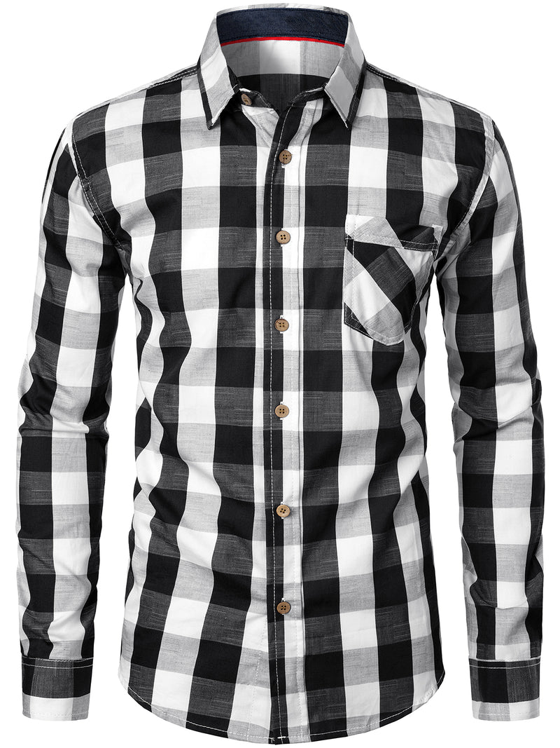 Men's Cotton Lapel Plaid Long-sleeved Business Casual Shirt