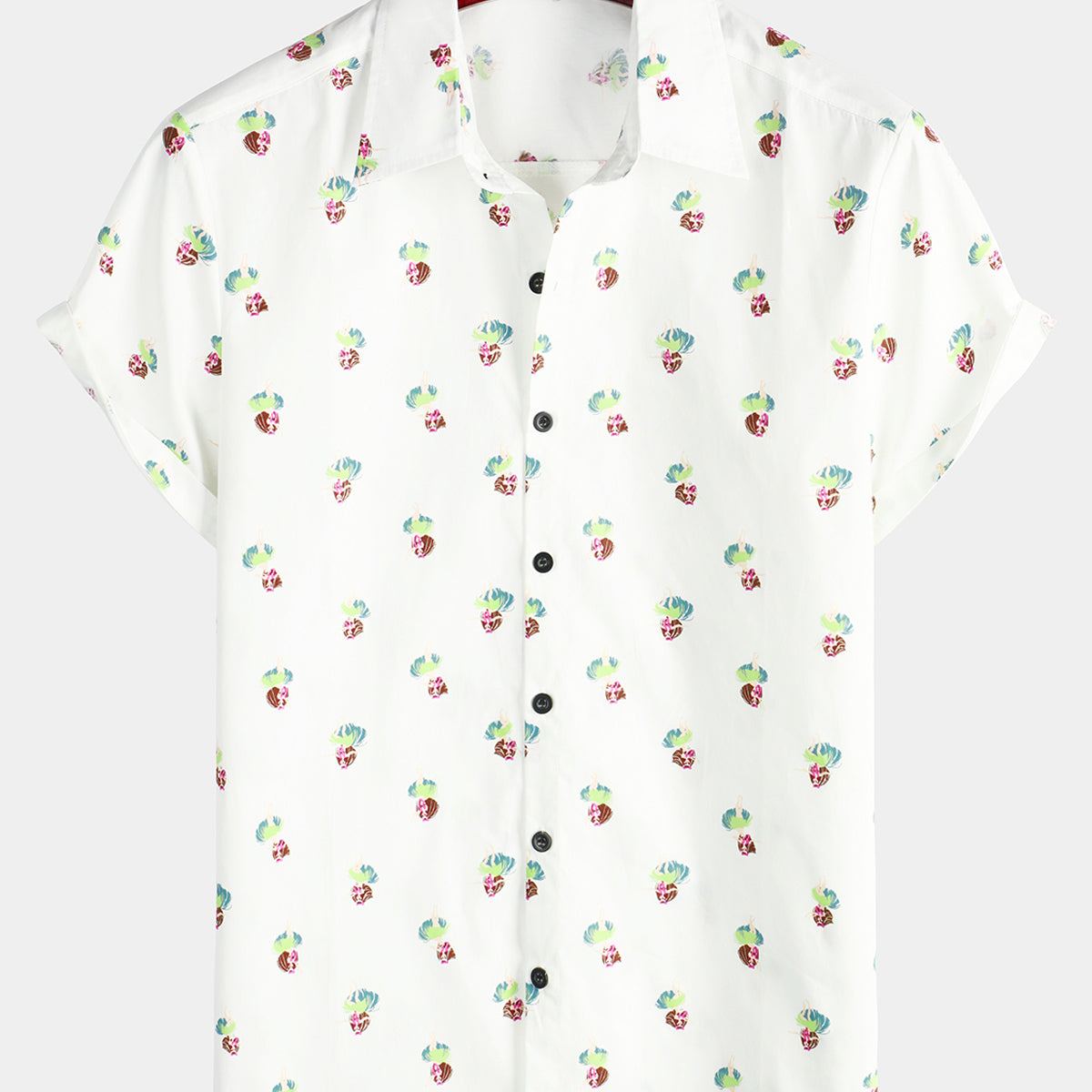 Men's Beauty Print Button Up Short Sleeve Cotton White Hawaiian Shirt