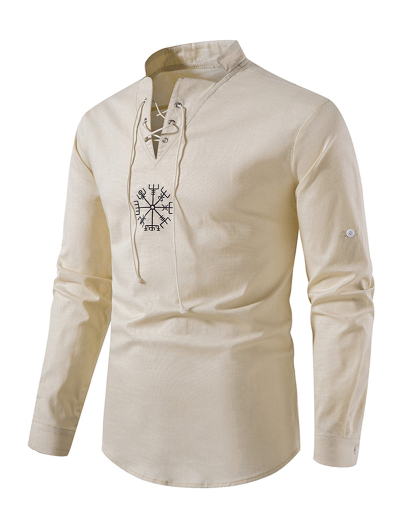 Men's Casual Henley Retro Lace Up Cotton Long Sleeve Shirt Drawstring Top