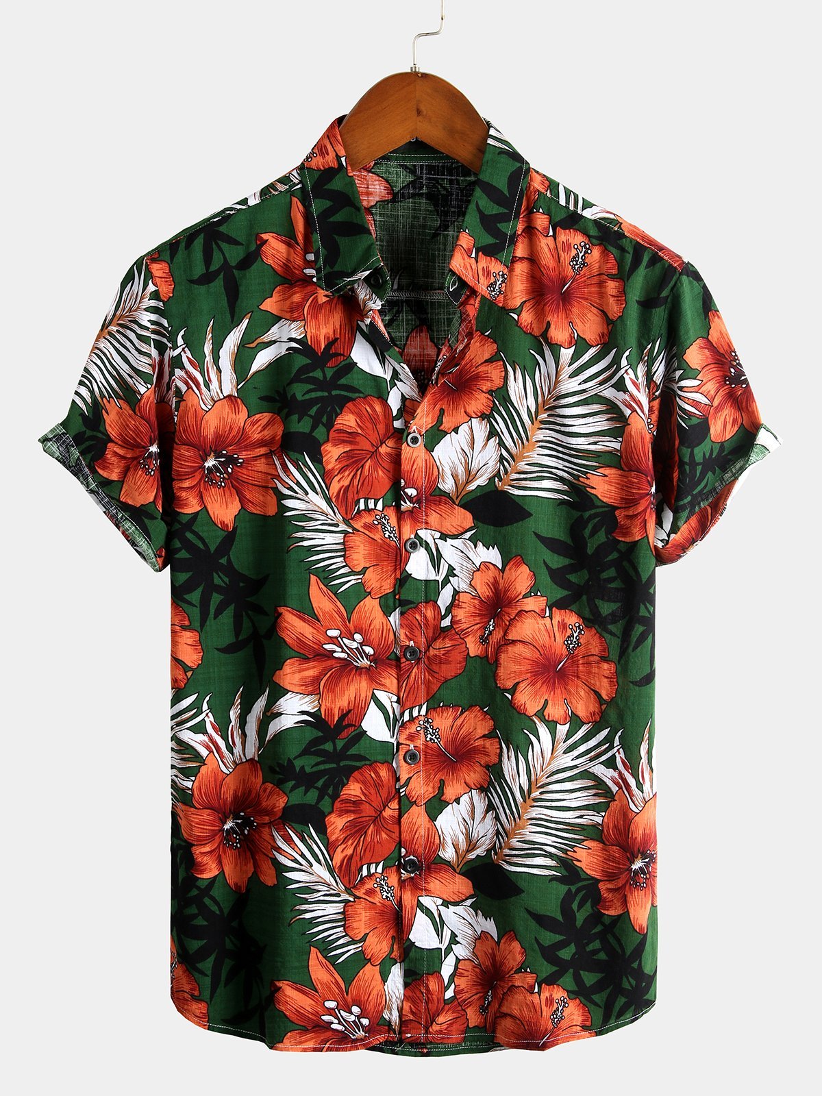 Men's Hawaiian Tropical Plant Floral Print Cotton Short Sleeve Shirts