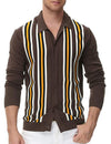 Men's Vintage Striped Button Up Knit Polo Shirt Brown Cardigan Sweater