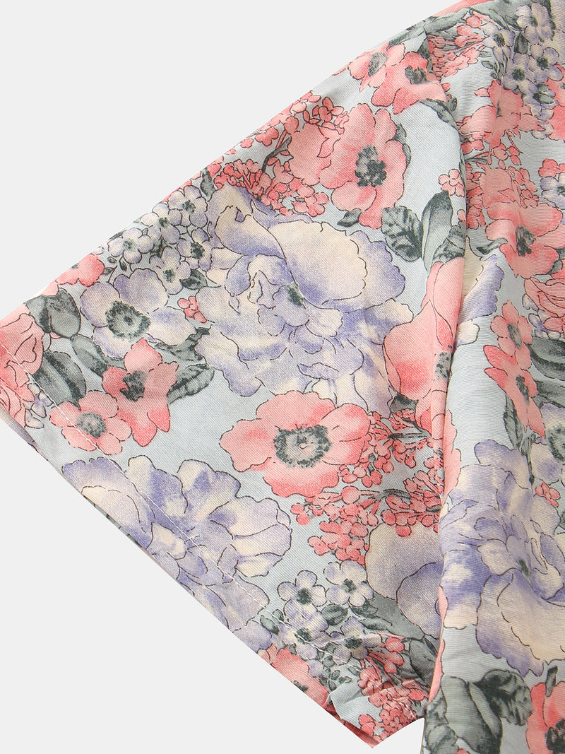 Men's Vintage Floral Print Summer Casual Pink Short Sleeve Shirt