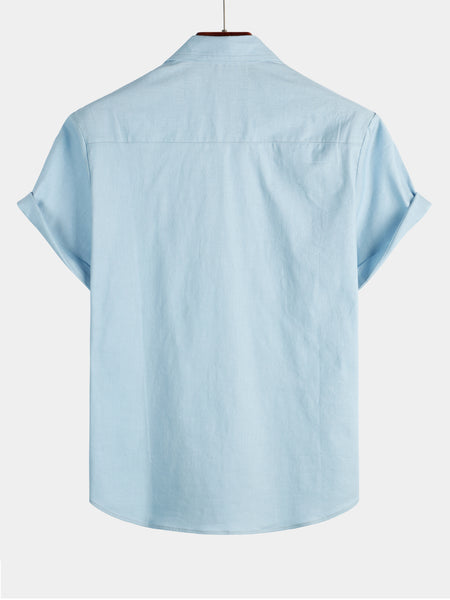 Men's Solid Color Linen Cotton Pocket Casual Button Short Sleeve Shirt ...