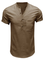 Men's Casual Solid Color Henry Collar Short Sleeve Pocket Cotton Linen Shirt