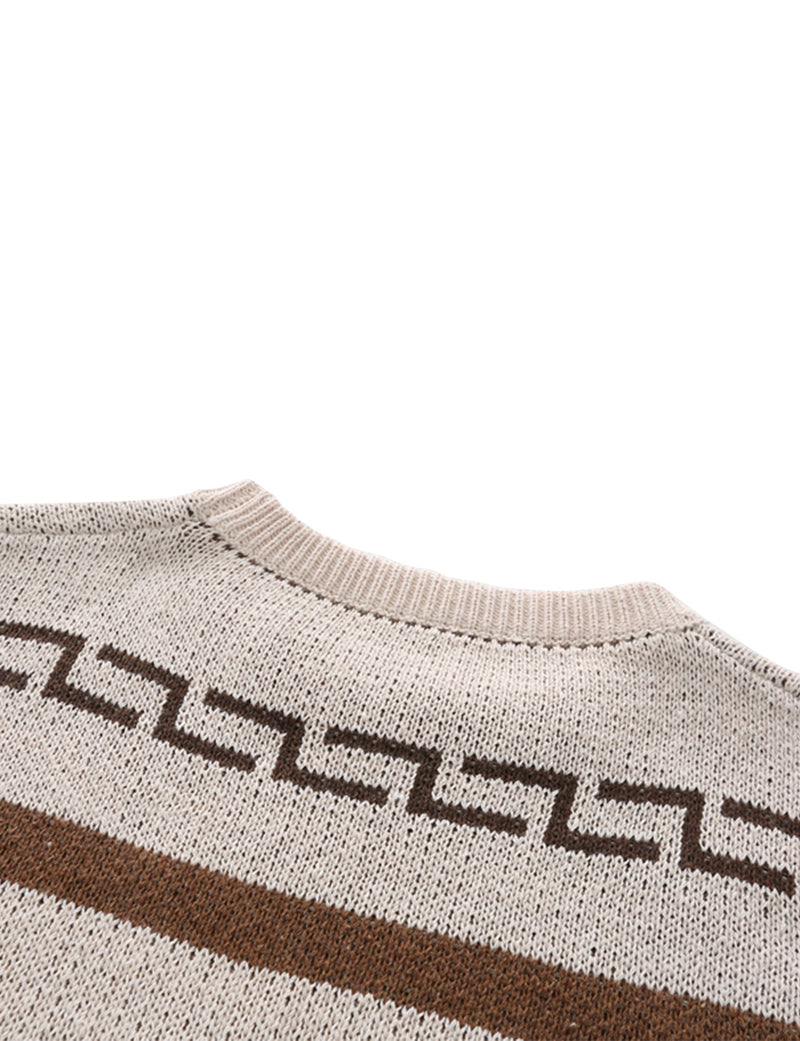 Men's Retro Knit Striped Long Sleeve Casual Vintage Beige Sweater