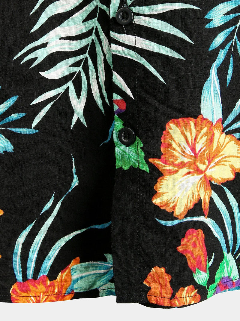 Men's Black Floral Cotton Tropical Hawaiian Vacation Shirt