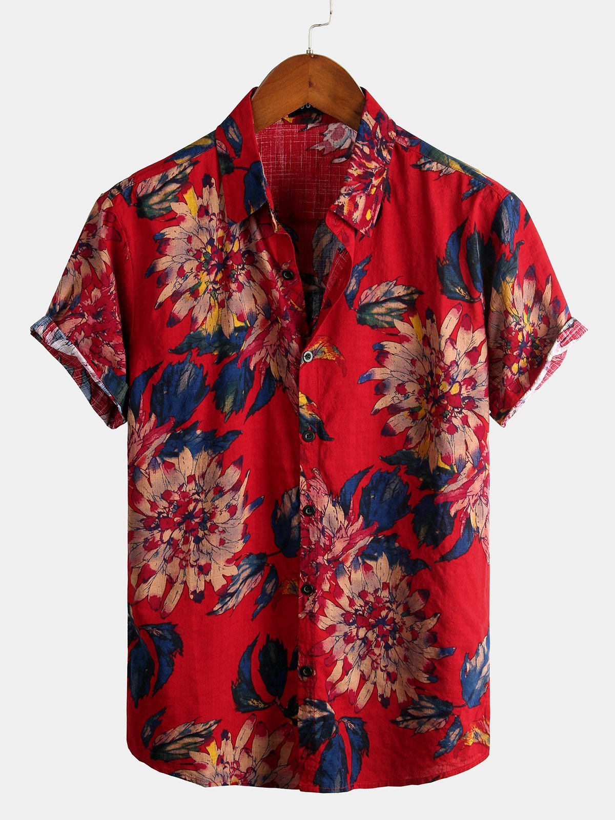 Men's Red Retro Floral Cotton Tropical Hawaiian Shirt