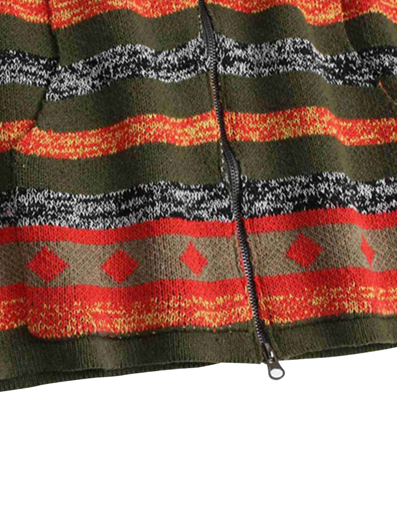 Men's Vintage Zip up Western Pattern Retro Red and Green Knit Long Sleeve Cardigan