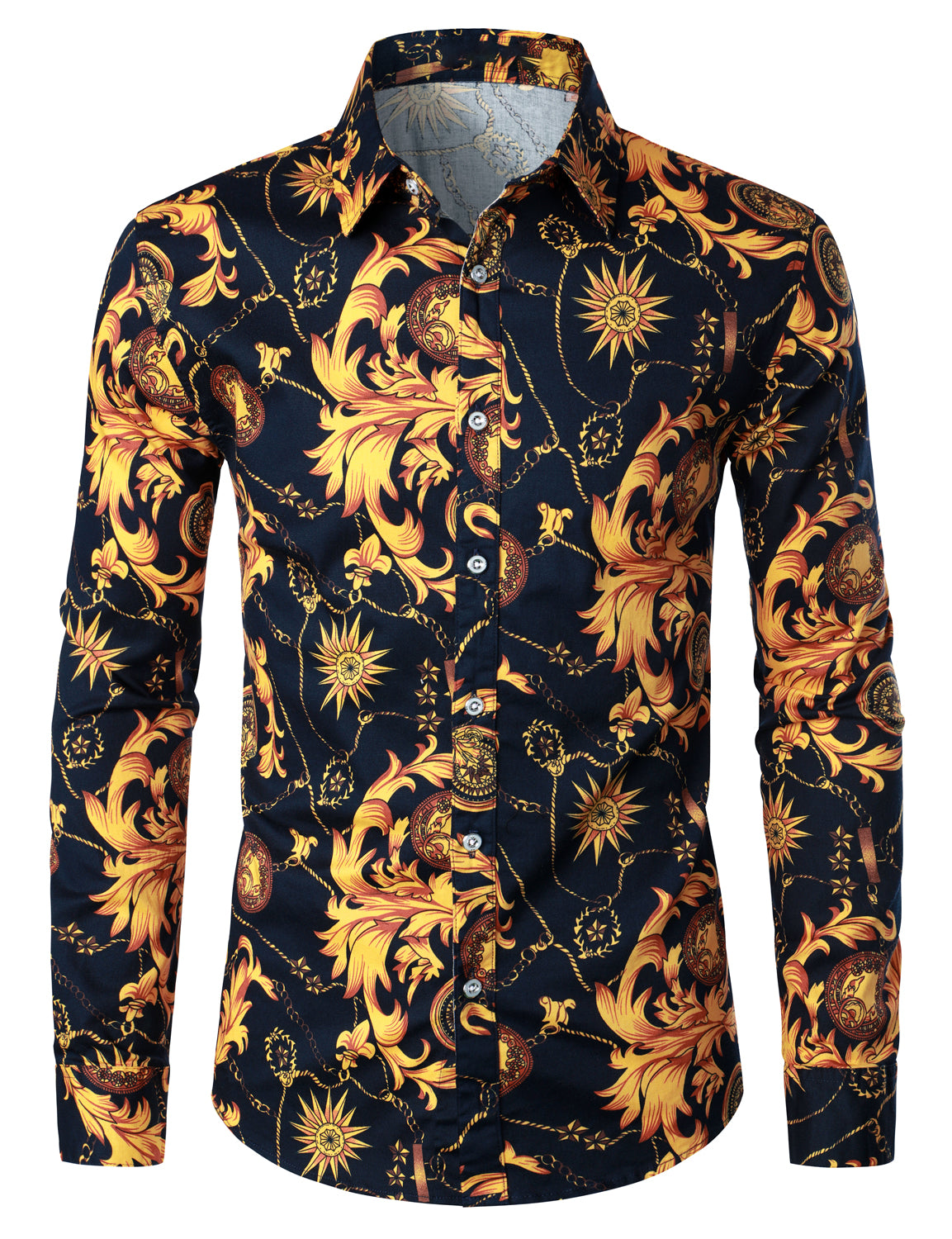 Men's Cotton Retro Sun Casual Rock Vintage Tops Button Up Long Sleeve Shirt