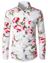 Men's Floral Print White Casual Tops Button Up Long Sleeve Dress Shirt