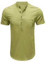 Men's Casual Henry Collar Short Sleeve Solid Color Pocket Cotton Linen Shirt