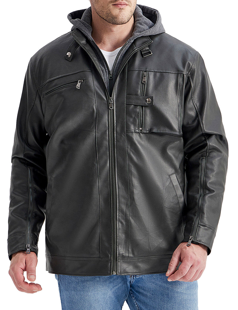 Men's Motorbike Winter Leather Bomber Motorcycle Jacket with Removable Hood