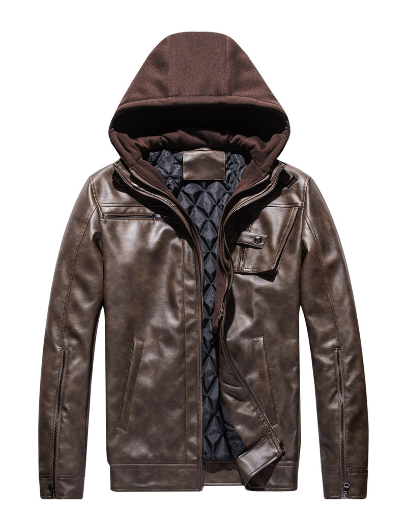 Men's Motorbike Winter Leather Bomber Motorcycle Jacket with Removable Hood