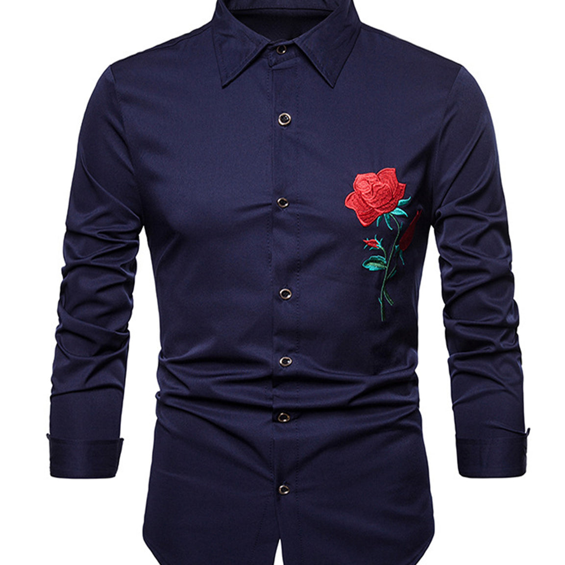 Men's Rose Embroidery Casual Long Sleeve Button Dress Shirt