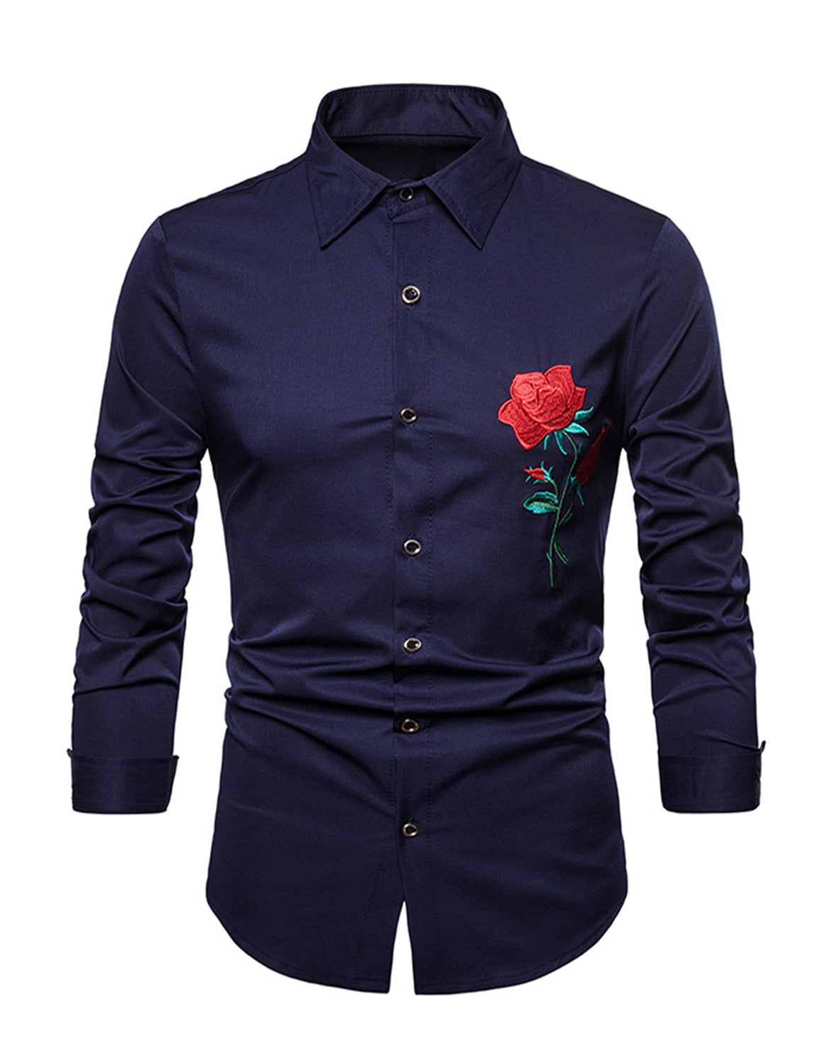 Men's Rose Embroidery Casual Long Sleeve Button Dress Shirt