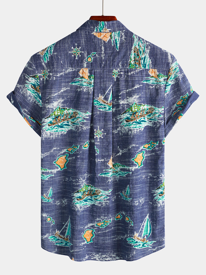 Men's Cotton Navy Blue Hawaiian Islands Cruise Beach Button Up Pocket Summer Short Sleeve Aloha Shirt