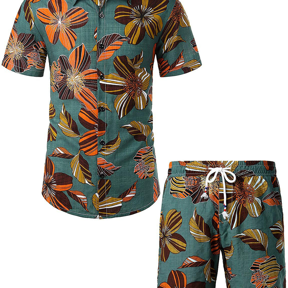 Men's Green Flower Tropical Floral Hawaiian Matching Shirt and Shorts Set