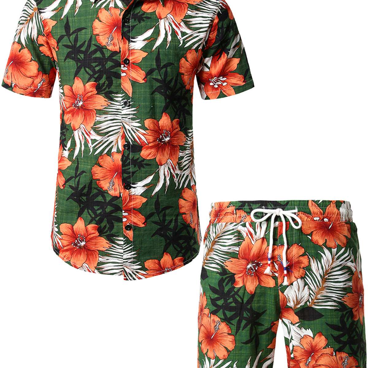 Men's Green Flower Tropical Hawaiian Floral Matching Shirt and Shorts Set