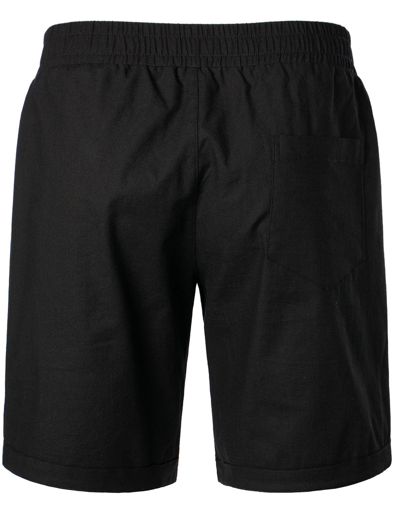 Men's Black Solid Color Linen Cotton Outfit Pocket Short Sleeve Shirt and Shorts Set