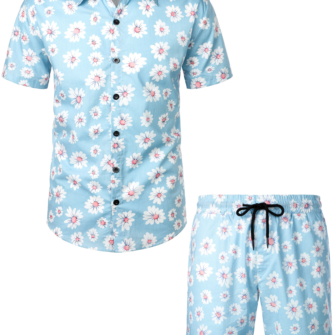 Men's Daisy Flower Floral Casual Cotton Hawaiian Shirt and Shorts Set