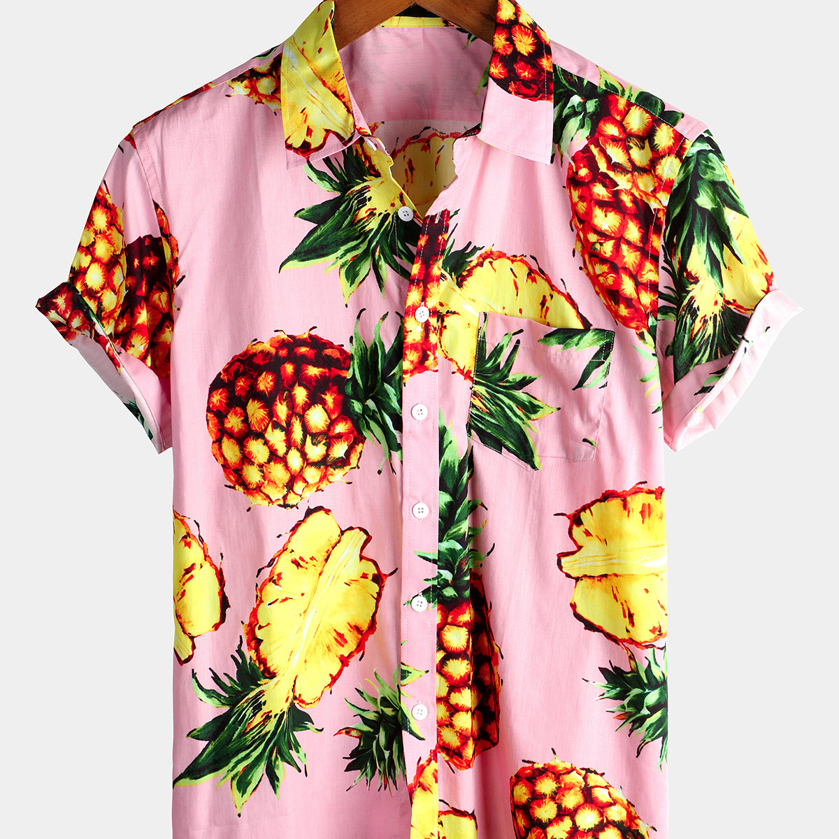 Men's Tropical Pineapple Holiday Pink Cotton Pocket Shirt