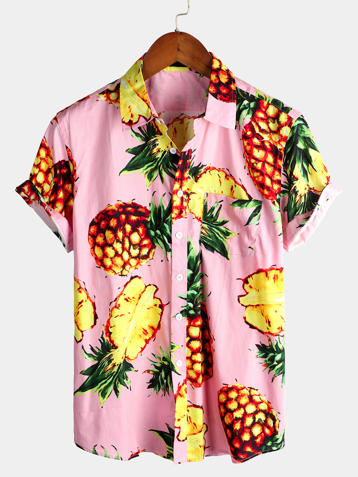 Men's Tropical Pineapple Holiday Pink Cotton Pocket Shirt