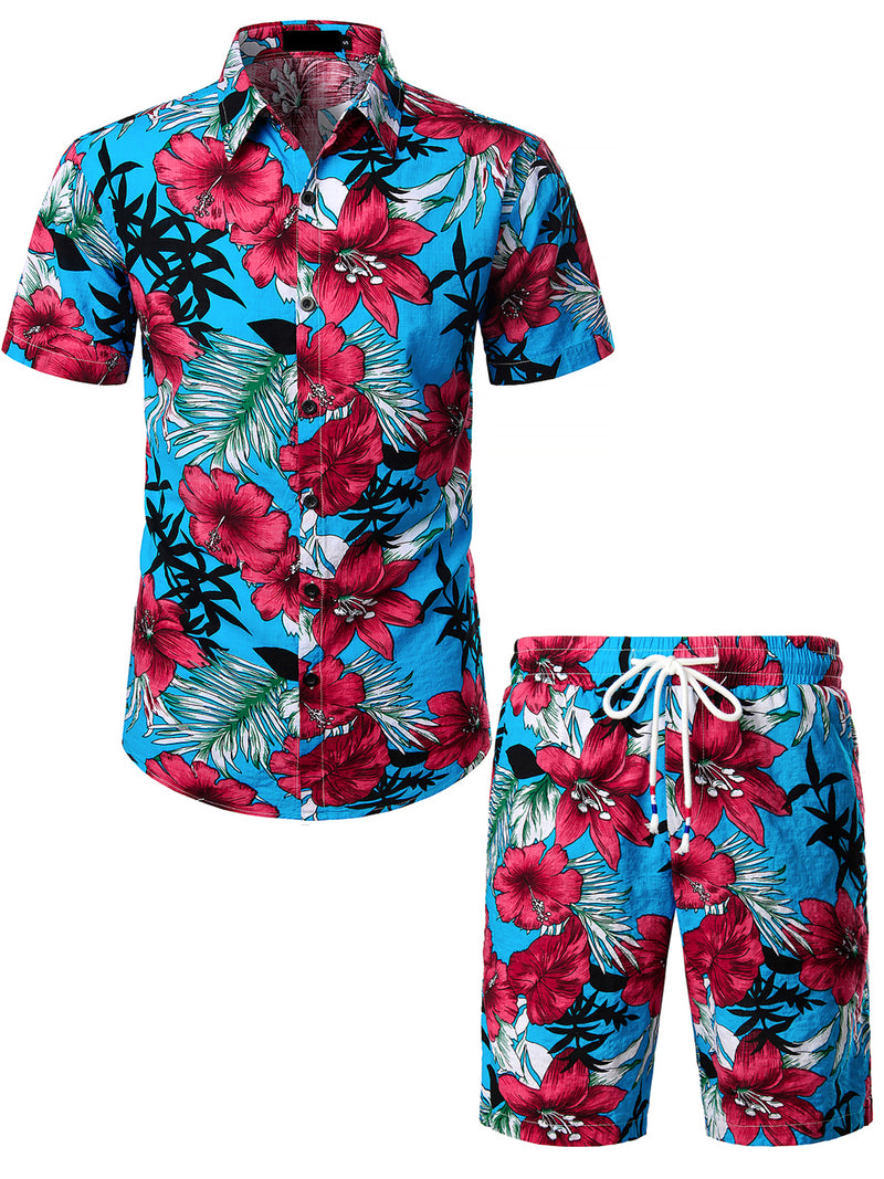 Men's Blue Flower Tropical Floral Hawaiian Matching Shirt and Shorts Set