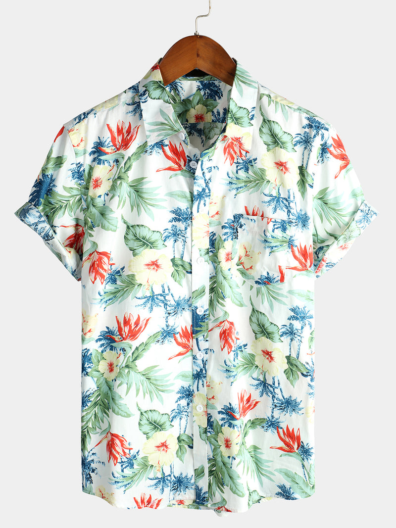Men's Tropical Floral White Pocket Holiday Cotton Shirt