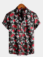 Men's Black Floral Holiday Rose Print Cotton Short Sleeve Shirt