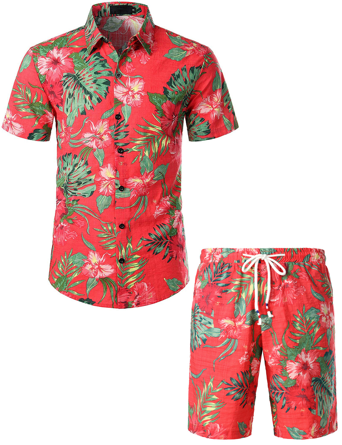 Men's Red Flower Tropical Hawaiian Matching Shirt and Shorts Set