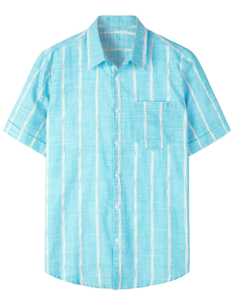Men's Blue Linen Vertical Striped Summer Resort Button Up Short Sleeve Beach Shirt