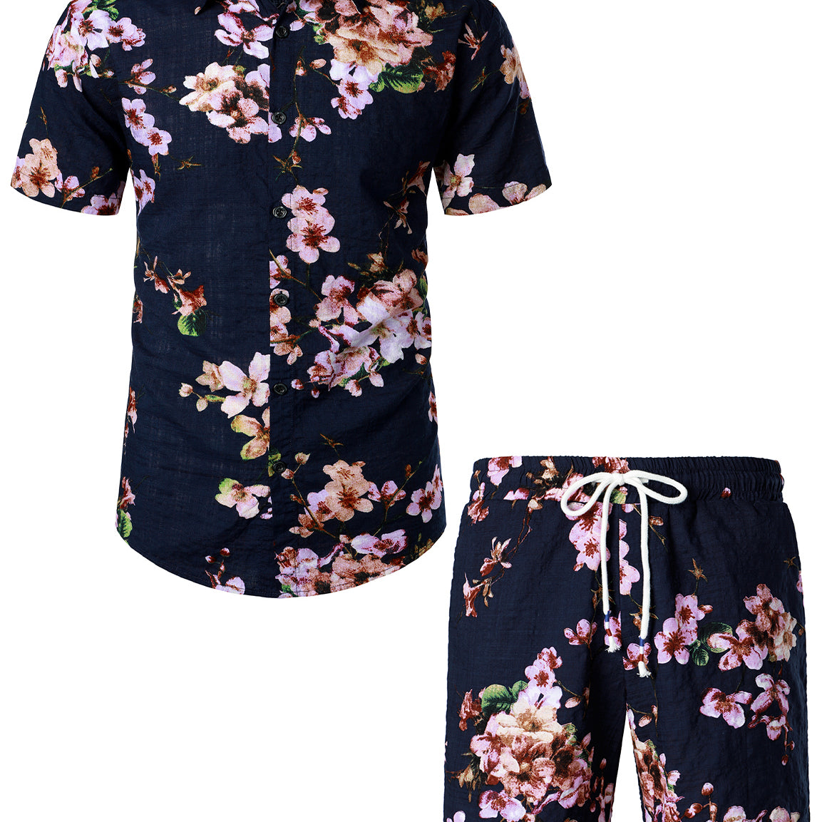 Men's Flower Casual Button Down Hawaiian Shirt and Shorts Set