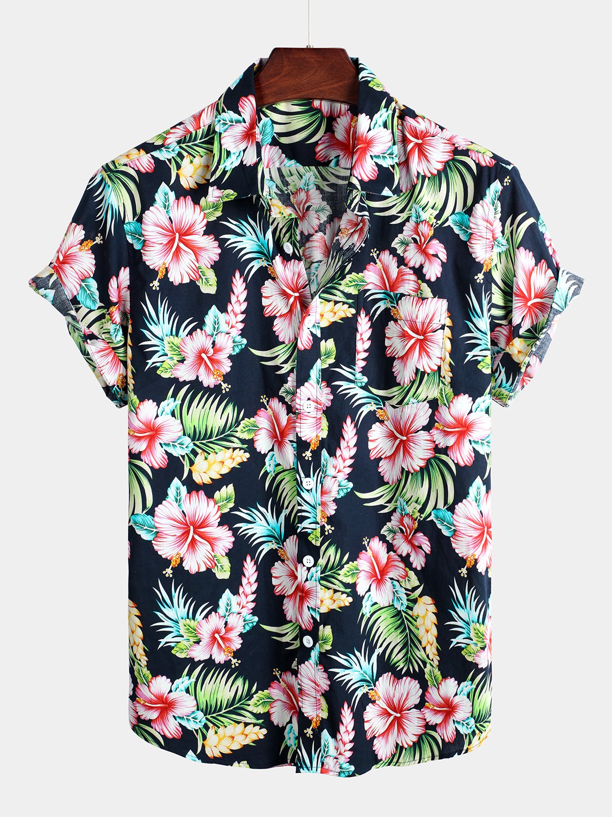 Men's Dark Blue Floral Holiday Short Sleeve Cotton Shirt