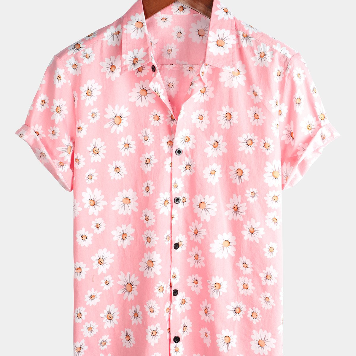Men's Pink Floral Daisy Print Tropical Hawaii Cotton Shirt