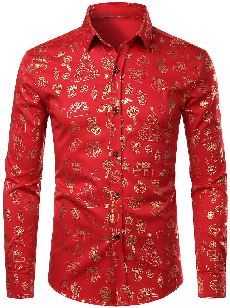 Men's Christmas Print Holiday Regular Fit Red Button Long Sleeve Dress Shirt