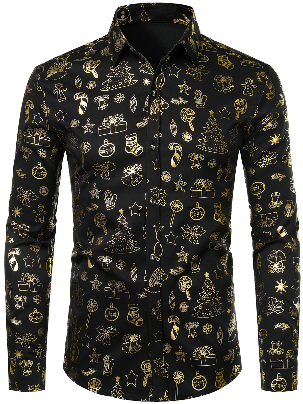 Men's Christmas Print Regular Fit Black Long Sleeve Dress Shirt