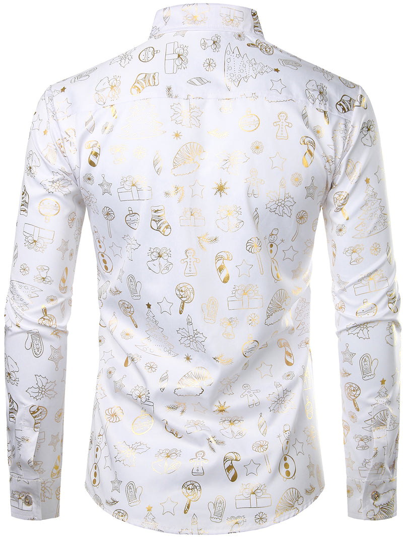 Men's Christmas Print Regular Fit White Button Down Long Sleeve Dress Shirt