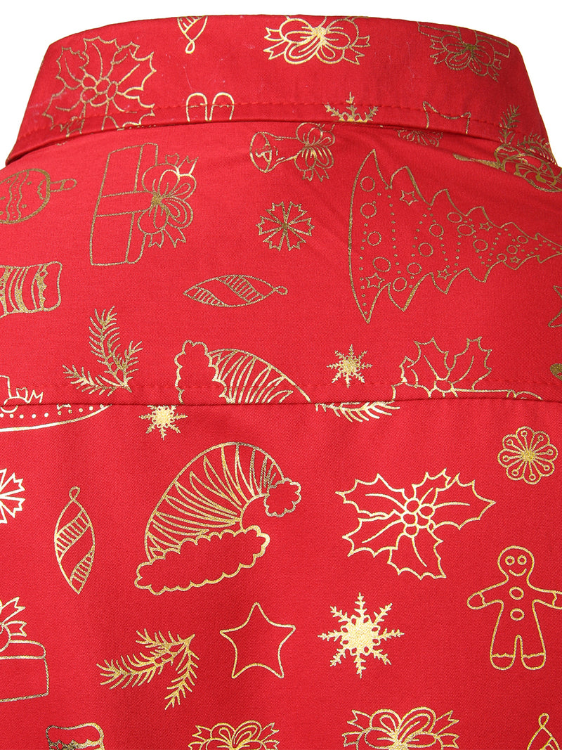 Men's Christmas Print Holiday Regular Fit Red Button Long Sleeve Dress Shirt