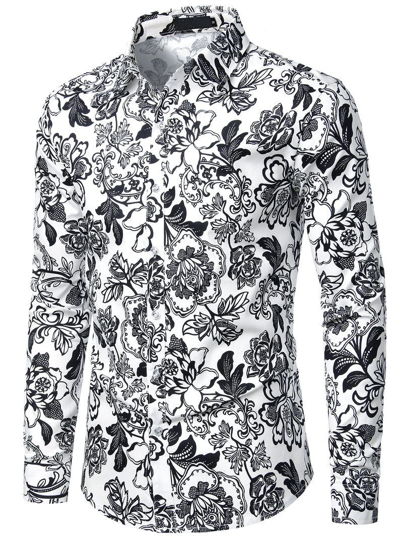 Men's Floral Long Sleeve Cotton Casual Button Down  Shirt