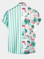 Men's Flamingo Green Striped Print Pocket Tropical Beach Vacation Button Up Short Sleeve Shirt