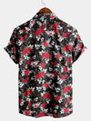 Men's Black Floral Holiday Rose Print Cotton Short Sleeve Shirt
