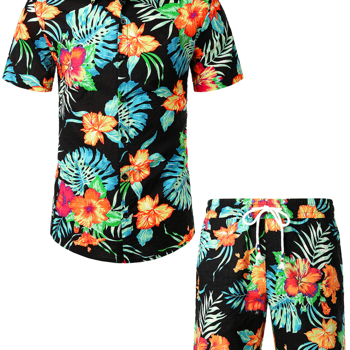 Men's Flower Tropical Floral Hawaiian Black Matching Shirt and Shorts Set