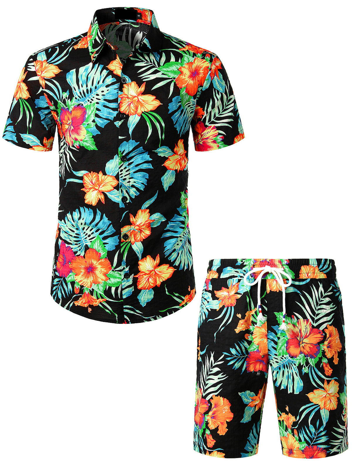 Men's Flower Tropical Floral Hawaiian Black Matching Shirt and Shorts Set